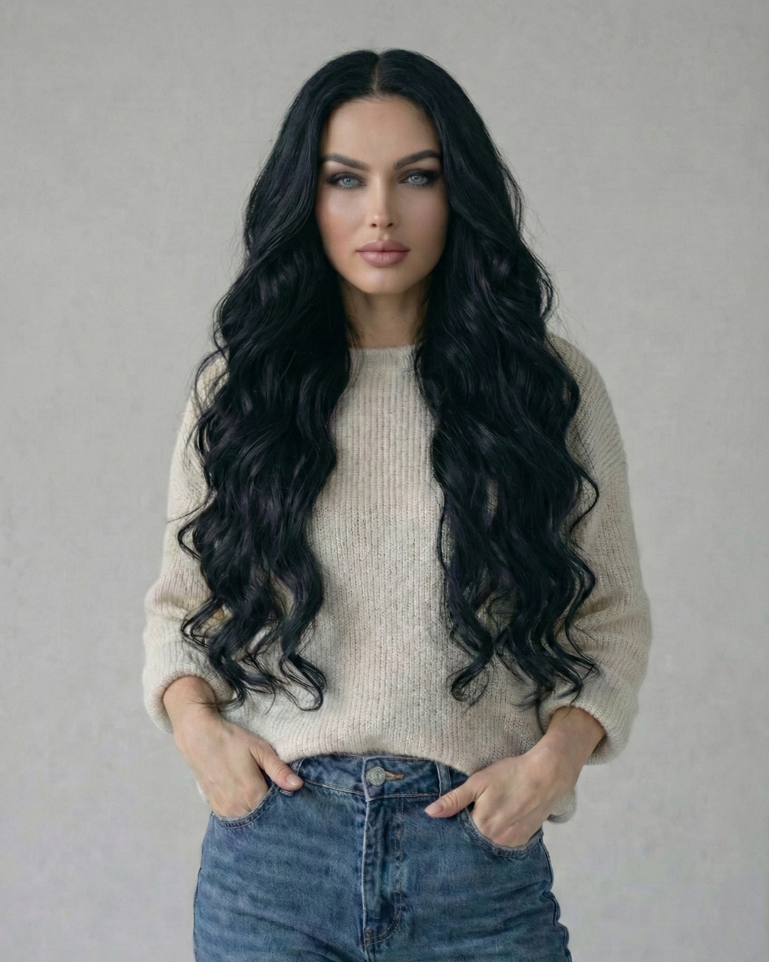 Machine-Tied Weft 16" 120g Pro Blend Hair Extensions - #1B Midnight (aka Off Black)