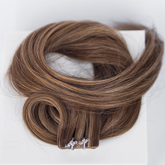 Tape-In 18" 50g Professional Hair Extensions - Chocolate Brown Highlight #4/#27