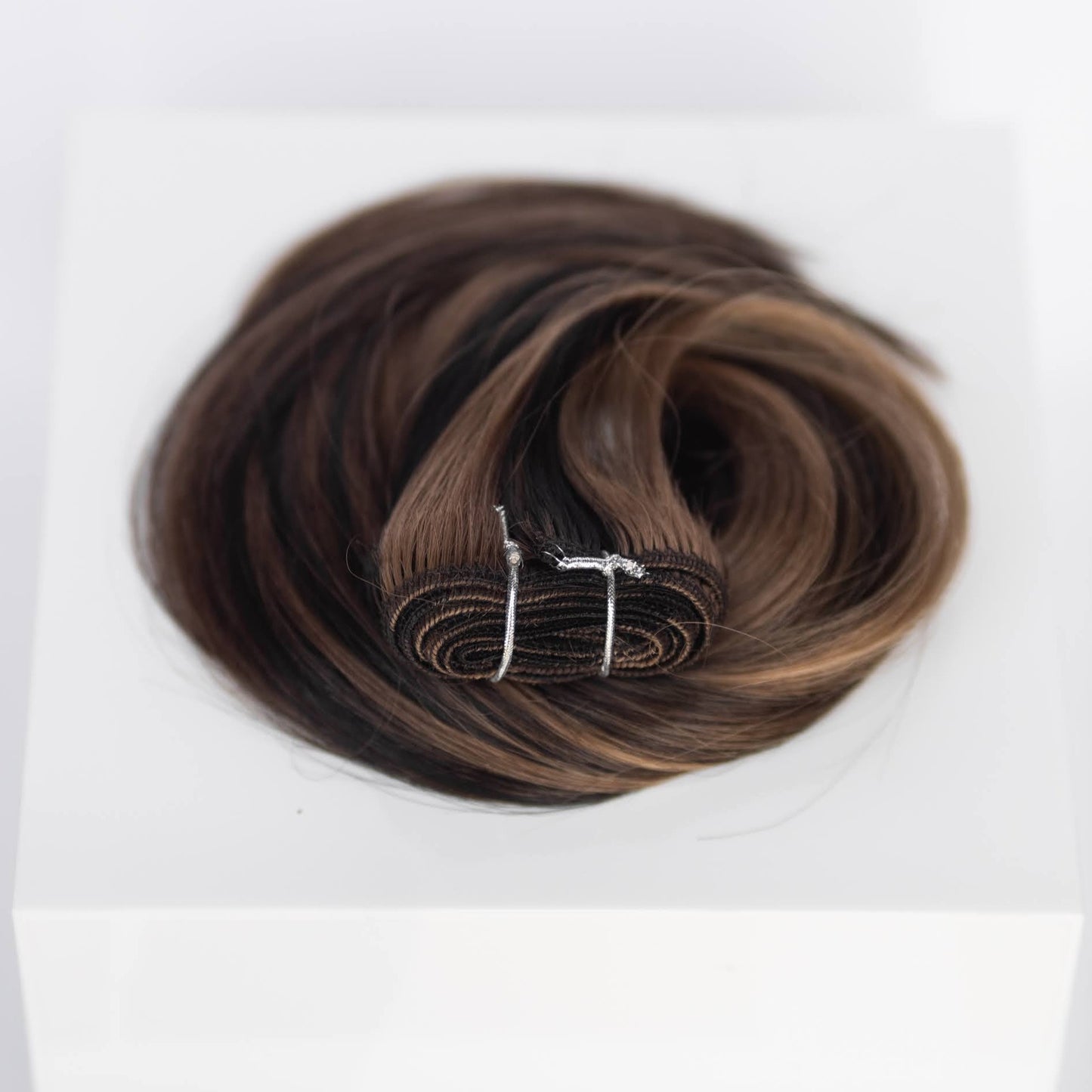 Machine-Tied Weft 18" 130g Single Donor Virgin - #1B/2/6 Dark Chocolate Caramel (aka Piano Key Chocolate Drip)