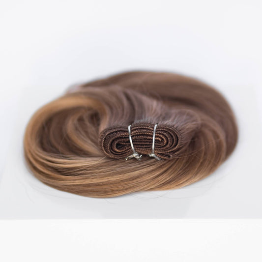 Machine-Tied Weft 16" 120g Professional Hair Extensions - #4/27 Chocolate Brulé (aka Highlight Chocolate Brown)