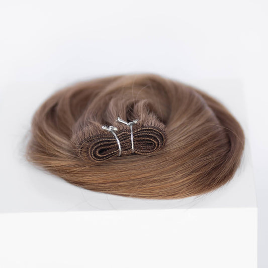 Machine-Tied Weft 28" 180g Professional Hair Extensions - #6/18 Sea Salt & Caramel (aka Highlight Hot Toffee Blonde)