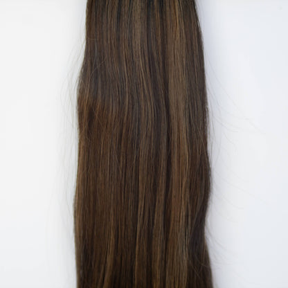 Machine-Tied Weft 16" 120g Pro Blend Hair Extensions - #1B/2/6 Dark Chocolate Caramel (aka Piano Key Chocolate Drip)