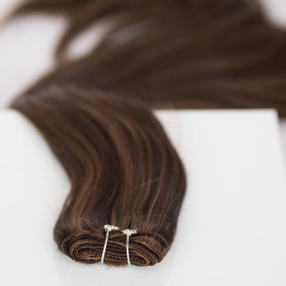 Machine-Tied Weft 16" 120g Single Donor Virgin - #1B/2/6 Dark Chocolate Caramel (aka Piano Key Chocolate Drip)