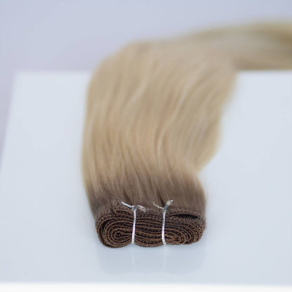 Machine Weft 28" 180g Single Donor Virgin - #T1CC/80 Smokey Blonde (aka Cool Mochachino Brown/White Blonde)