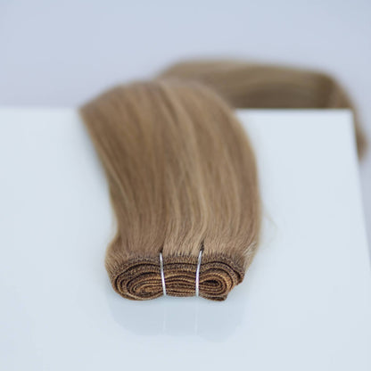 Machine-Tied Weft 28" 180g Pro Blend Hair Extensions - #6/18 Sea Salt & Caramel (aka Highlight Hot Toffee Blonde)