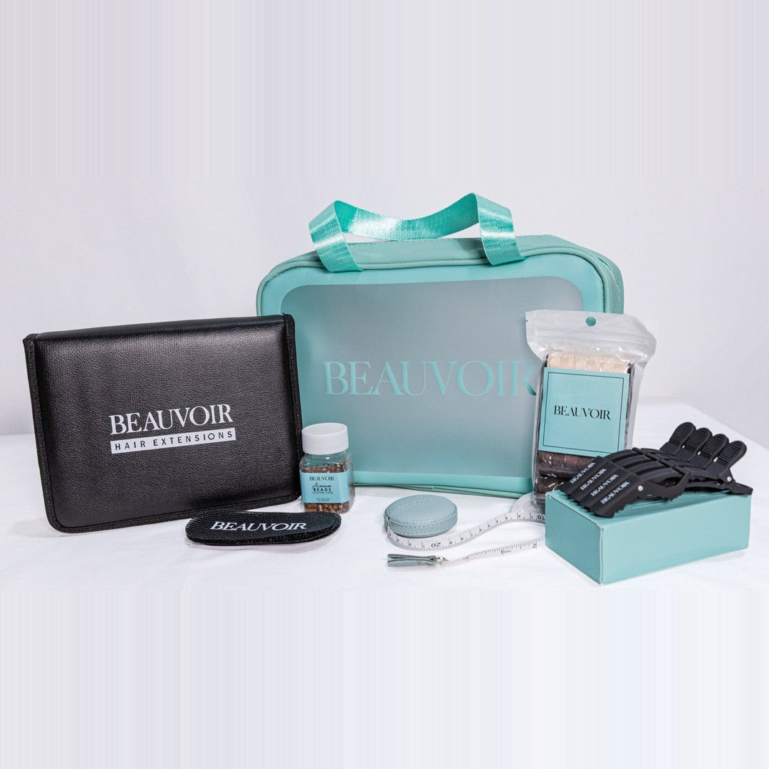 Beauvoir Extension Starter Kit: black tool case, clear teal Beauvoir bag, silicone beads, tape measure, sectioning clips and hair ties